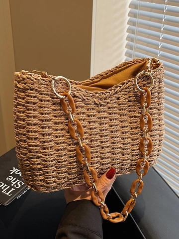 Damen Strohgeflecht Schultertasche Strandurlaub Handtasche Mit Bernstein Acryl Kettenriemen Bohemian Minimalistische Strohtasche Sommer