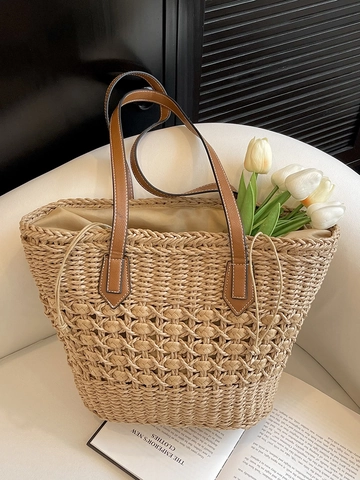 Große Kapazität Stroh Gewebte Tote Bag Für Damen Sommer Strand Urlaub Wald Stil Schultertasche Mit Ledergriffen