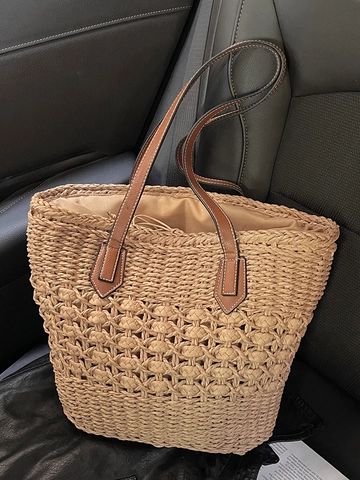 Große Kapazität Stroh Gewebte Tote Bag Für Damen Sommer Strand Urlaub Wald Stil Schultertasche Mit Ledergriffen