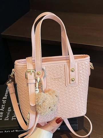 Elegant Woven PU Leather Bucket Bag For Women Korean Style Crossbody Purse With Teddy Bear Charm Daily Versatile Fashion Bag
