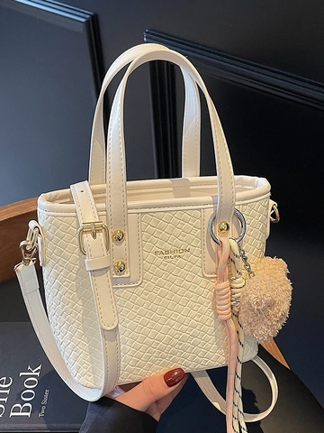 Elegant Woven PU Leather Bucket Bag For Women Korean Style Crossbody Purse With Teddy Bear Charm Daily Versatile Fashion Bag