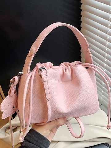 Minimalistische PU-Leder-Umhängetasche mit Lychee-Narbung und Kordelzug für Damen Schicke Handtasche Bucket Bag Vielseitige Mode-Tasche