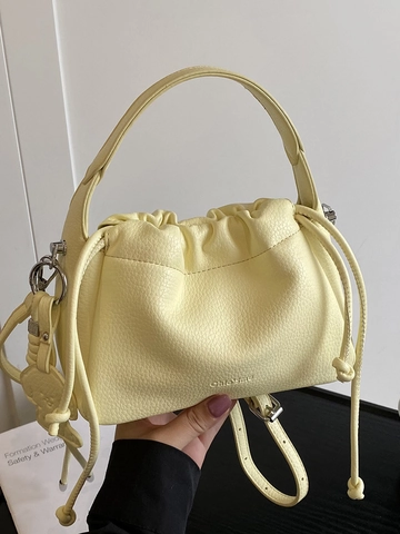 Minimalistische PU-Leder-Umhängetasche mit Lychee-Narbung und Kordelzug für Damen Schicke Handtasche Bucket Bag Vielseitige Mode-Tasche