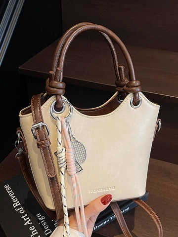 Borsa a Secchiello in Pelle PU da Donna Colore a Contrasto Manico a Nodo Borsa a Tracolla Pendolare Ufficio