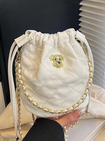 Women Quilted Chain Drawstring Bucket Bag PU Leather Diamond Pattern Crossbody Bag Small Shoulder Bag For Casual Daily