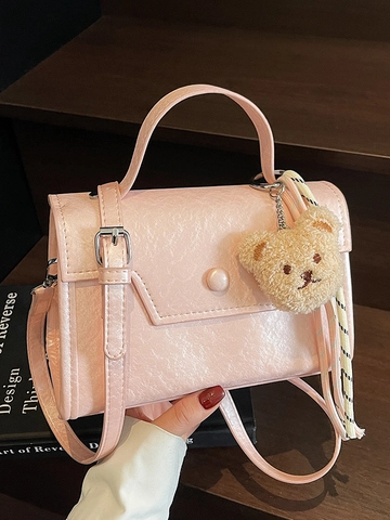 Petit Sac Carré Bandoulière Style Coréen pour Femmes Sac à Main Tendance en Cuir PU Avec Pendentif Ours Sac à Épaule