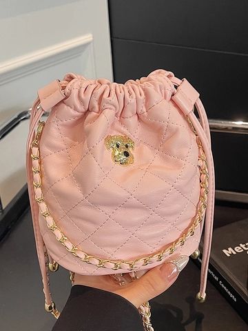Damen Gesteppt Kette Kordelzug Beuteltasche PU Leder Rautenmuster Umhängetasche Kleine Schultertasche Für Den Alltag