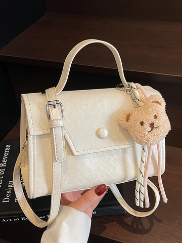 Petit Sac Carré Bandoulière Style Coréen pour Femmes Sac à Main Tendance en Cuir PU Avec Pendentif Ours Sac à Épaule