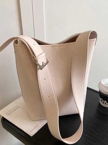 Minimalist Large Capacity PU Leather Bucket Bag For Women Adjustable Wide Strap Solid Color Commuter Crossbody Shoulder Bag