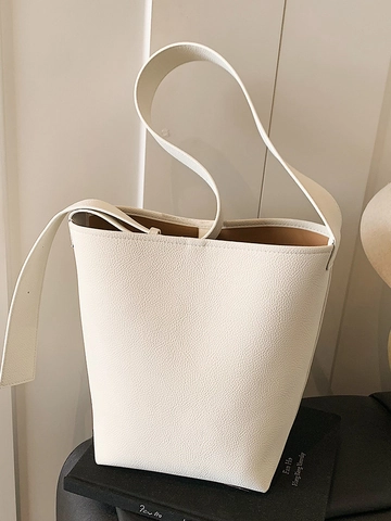 Minimalist Large Capacity PU Leather Bucket Bag For Women Adjustable Wide Strap Solid Color Commuter Crossbody Shoulder Bag