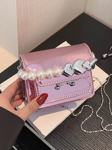 Mini Patent Leather Crossbody Bag Mirror PU Small Square Bag With Artificial Pearl Heart Handle Trendy Chain Purse For Women