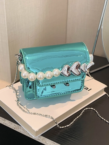 Mini Patent Leather Crossbody Bag Mirror PU Small Square Bag With Artificial Pearl Heart Handle Trendy Chain Purse For Women