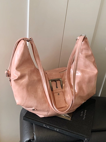 Grand Sac Hobo Femme en Cuir PU Brillant Style Moto Vintage Américain Sac à Main Bandoulière avec Grande Boucle Métallique