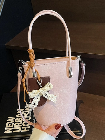Bolso Cubo Mini de Cuero PU para Mujer de Moda Con Decoración de Lazo de Encaje Color Sólido Elegante Bolso de Mano Cruzado