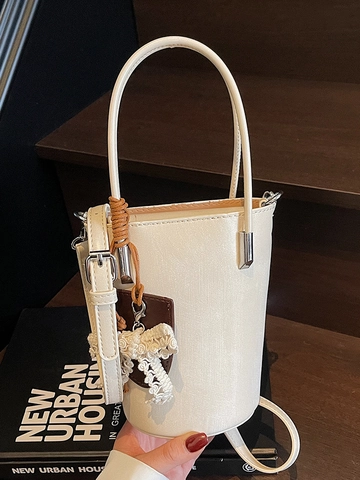 Bolso Cubo Mini de Cuero PU para Mujer de Moda Con Decoración de Lazo de Encaje Color Sólido Elegante Bolso de Mano Cruzado