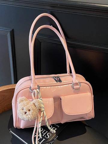 Sac Sous le Bras Tendance pour Femmes en Cuir PU Brillant Sac Boston Multi-Poches Sac à Bandoulière Minimaliste Chic Main