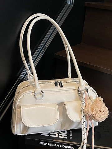 Sac Sous le Bras Tendance pour Femmes en Cuir PU Brillant Sac Boston Multi-Poches Sac à Bandoulière Minimaliste Chic Main