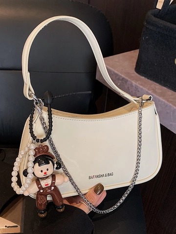 Sac Sous le Bras en Cuir Verni Tendance pour Femmes Sac à Bandoulière Casual en PU Avec Chaîne et Pendentif Dessin Animé
