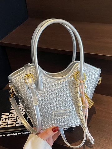 Bolso de Cubo para Mujer de Cuero PU con Textura Tejida Bolso de Mano Minimalista Bolso de Hombro Bandolera con Correa Ajustable
