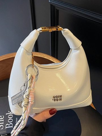 French Style Women PU Oil Wax Leather Hobo Crossbody Bag Elegant Minimalist Zipper Handbag With Decorative Pendant Gift