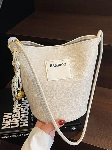 Litchi Pattern PU Leather Bucket Bag For Women Korean Style Minimalist Crossbody Shoulder Bag With Dog Pendant Commuter Bag