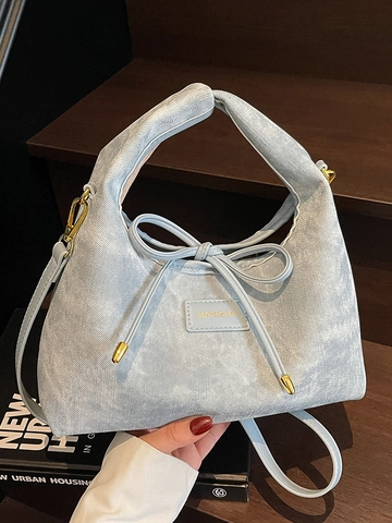 Women Simple Sweet PU Leather Dumpling Crossbody Bag Korean Versatile Bow Knot Drawstring Shoulder Bag With Gold Hardware