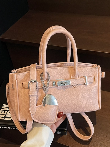 Elegant Lychee Pattern PU Leather Small Square Handbag For Women Vintage Commute Crossbody Shoulder Bag With Heart Charm Turn Lock