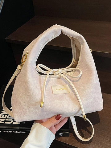 Women Simple Sweet PU Leather Dumpling Crossbody Bag Korean Versatile Bow Knot Drawstring Shoulder Bag With Gold Hardware