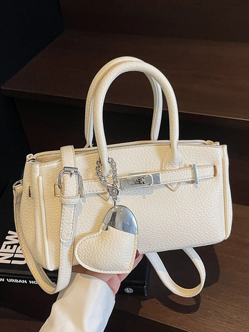 Elegant Lychee Pattern PU Leather Small Square Handbag For Women Vintage Commute Crossbody Shoulder Bag With Heart Charm Turn Lock