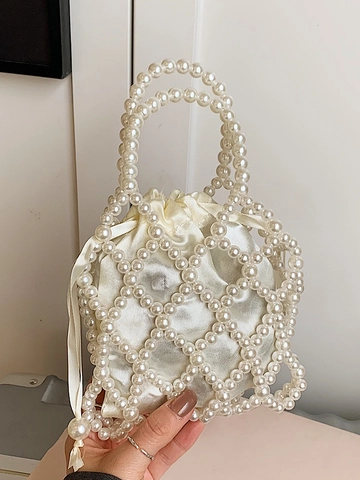 Women's Fashion Handmade Beaded Crossbody Bag Elegant Hollow Out Artificial Pearl Bucket Handbag With Drawstring Satin Lining Small Tote