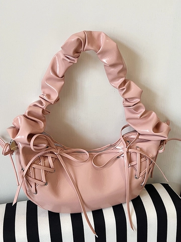 Mode PU Leder Plissiert Halbmond Umhängetasche Für Damen Süß Cool Ruched Schleife Schnürung Achseltasche Tägliche Handtasche