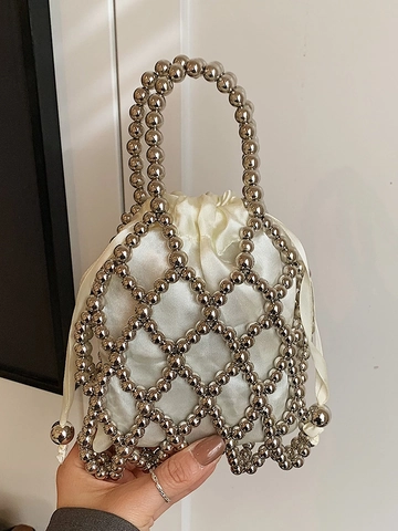 Women's Fashion Handmade Beaded Crossbody Bag Elegant Hollow Out Artificial Pearl Bucket Handbag With Drawstring Satin Lining Small Tote