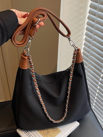 Dames Lichtgewicht Nylon Hobo Tas Met Ketting Decoratie Minimalistische Underarm Tote Bag Veelzijdige Schouder Crossbody Tas Voor Werk Dagelijks