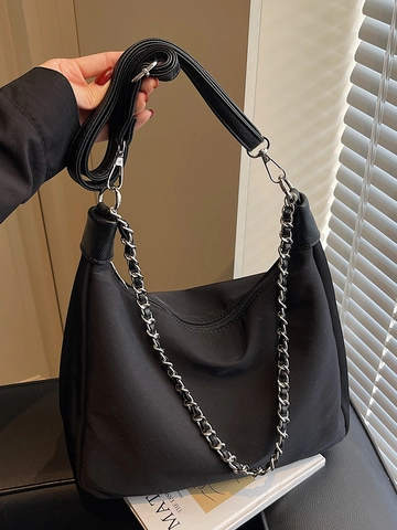 Dames Lichtgewicht Nylon Hobo Tas Met Ketting Decoratie Minimalistische Underarm Tote Bag Veelzijdige Schouder Crossbody Tas Voor Werk Dagelijks