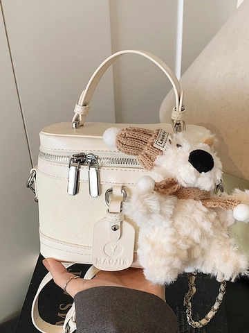 Borsa a Scatola in Pelle PU Intrecciata da Donna Elegante Casual Borsa a Tracolla Con Pendaglio Orsetto di Peluche Catena in Metallo