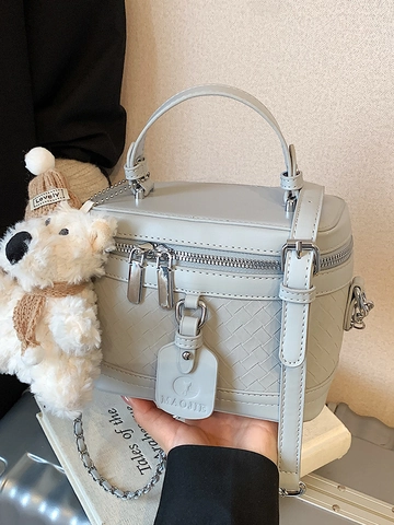 Borsa a Scatola in Pelle PU Intrecciata da Donna Elegante Casual Borsa a Tracolla Con Pendaglio Orsetto di Peluche Catena in Metallo