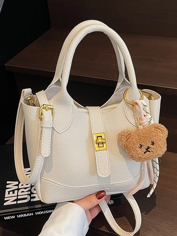 Women's Urban Minimalist PU Leather Bucket Bag Litchi Pattern Shoulder Crossbody Bag With Plush Bear Charm Handbag