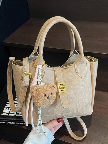 Women's Urban Minimalist PU Leather Bucket Bag Litchi Pattern Shoulder Crossbody Bag With Plush Bear Charm Handbag