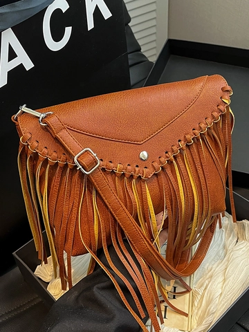Damen Retro Böhmisch PU Leder Umhängetasche Mit Lange Fransen Gewebte Details Umschlagklappe Messenger Bag Ethnischen Stil