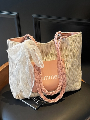 Women Straw Woven Tote Bag Summer Beach Vacation Shoulder Bag Contrast Color PU Leather Trim With Lace Bow Decoration Handbag