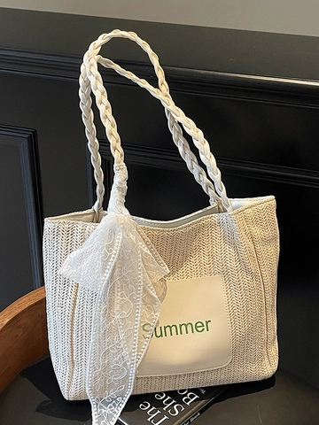 Women Straw Woven Tote Bag Summer Beach Vacation Shoulder Bag Contrast Color PU Leather Trim With Lace Bow Decoration Handbag