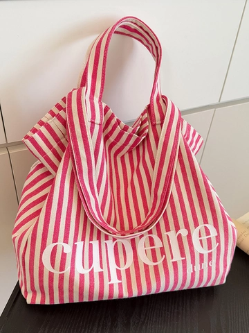 Women Large Capacity Striped Canvas Tote Bag Lightweight Shoulder Bag For Commute School Shopping Letter Print Handbag