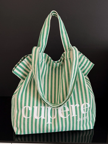 Women Large Capacity Striped Canvas Tote Bag Lightweight Shoulder Bag For Commute School Shopping Letter Print Handbag
