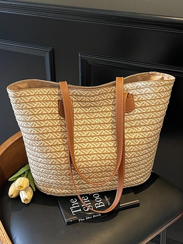 Borsa Tote in Paglia Intrecciata di Grande Capacità da Donna Stile Pastorale Motivo Geometrico Borsa a Spalla per Vacanza