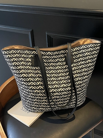 Borsa Tote in Paglia Intrecciata di Grande Capacità da Donna Stile Pastorale Motivo Geometrico Borsa a Spalla per Vacanza