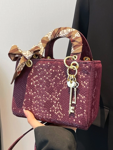 Fashion Dames Slangenpatroon Lady Bag PU Leer Handtas Met Sjaal Handvat Gouden Sleutelhanger Crossbody Tas