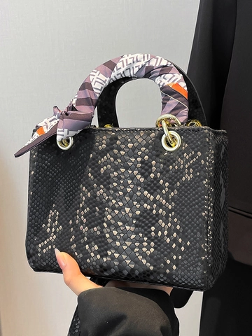 Fashion Dames Slangenpatroon Lady Bag PU Leer Handtas Met Sjaal Handvat Gouden Sleutelhanger Crossbody Tas