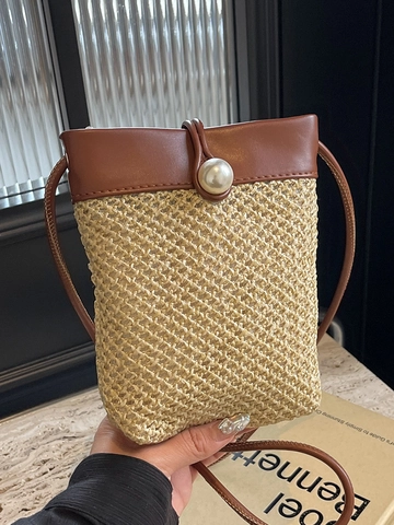 Bolso Bandolera Minimalista de Paja Tejida para Mujer Bolsa de Teléfono Patchwork de Color en Contraste con Botón de Perla Artificial