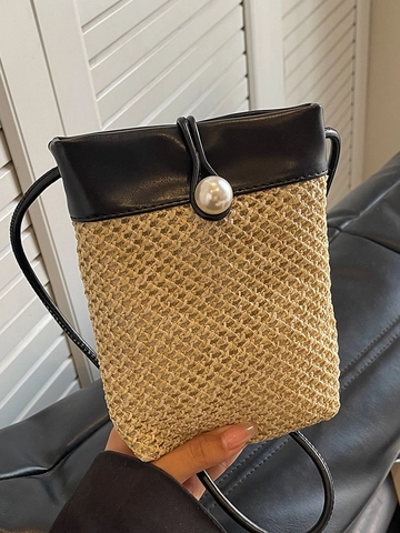 Bolso Bandolera Minimalista de Paja Tejida para Mujer Bolsa de Teléfono Patchwork de Color en Contraste con Botón de Perla Artificial