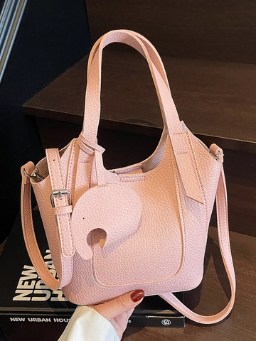 Bolso Cubo de Cuero PU con Patrón de Lichi para Mujer Bolso de Mano Minimalista de Color Sólido con Colgante de Elefante Bolso de Hombro Diario